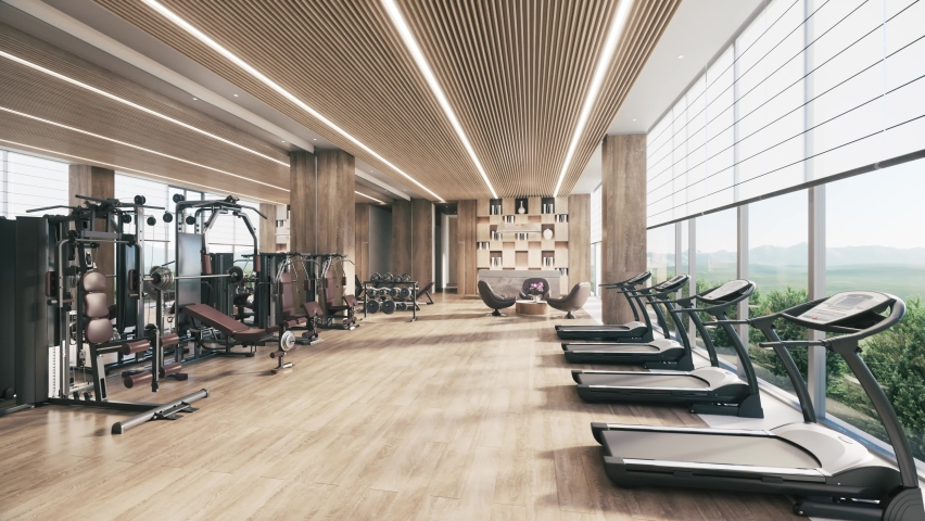 Empty modern gym interior with sports equipment. Gym with various exercise machines. 3d visualization | Shutterstock HD Video #1093134737