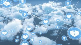 Animation of network of health and idea icons exchanging data over blue cloudy sky. Global communication, health, invention and data sharing concept digitally generated video. - Powered by Shutterstock - Get 15% off with code: PIKWIZARD15
