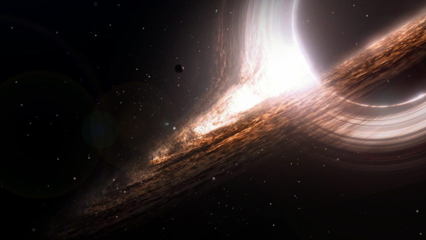 Close up of Supermassive BlackHole. View of Galactic Center with gravitational collapse. The black hole is surrounded by an accretion disk and the dark center is the event horizon and its shadow.