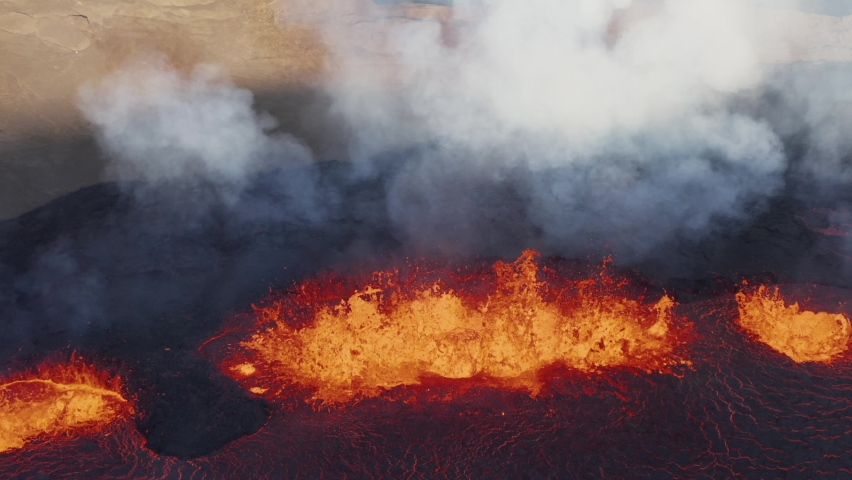 Fissure eruption spewing hot molten lava and toxic fumes, 2022 Meradalir valley volcano
