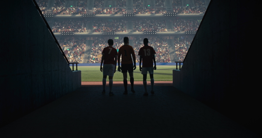 Three soccer players entering soccer field on the professional stadium. They are exiting the shadow. Sunny weather. Animated crowd. | Shutterstock HD Video #1093139559