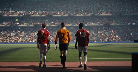 Three soccer players entering soccer field on the professional stadium. They are exiting the shadow. Sunny weather. Animated crowd. Adlı Stok Video