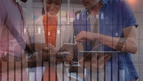 Animation of financial data processing over diverse business people using electronic devices. Global technology, data processing, digital interface and connections concept digitally generated video. - Powered by Shutterstock - Get 15% off with code: PIKWIZARD15