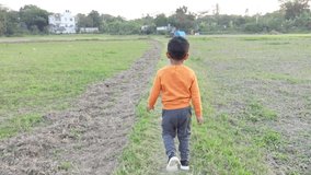Two brothers of close age are holding hands and walking in the field in the afternoon. A child is teaching another child to walk by his hand. Motivational concept slow motion video.