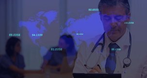 Animation of world map and numbers over caucasian senior doctor making notes. Health, medicine and finance concept digitally generated video.