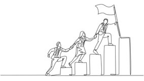 Animated self drawing of continuous line draw team members holding hands together following their leader who hold flag climbing up stairs step by step. Teamwork concept. Full length one line animation - Powered by Shutterstock - Get 15% off with code: PIKWIZARD15