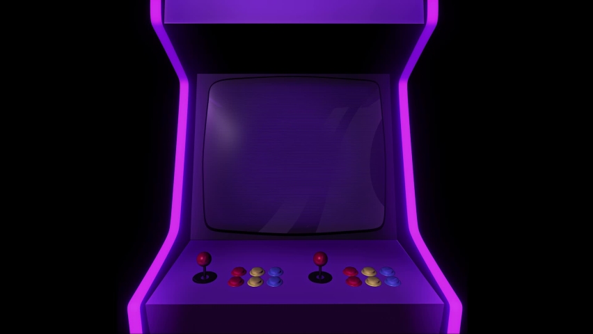 Arcade game machine intro, 3D graphics animation template. Zoom in to the screen of a videogame, with a retro, purple neon aesthetic Royalty-Free Stock Footage #1093165909
