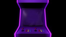 Arcade game machine intro, 3D graphics animation template. Zoom in to the screen of a videogame, with a retro, purple neon aesthetic