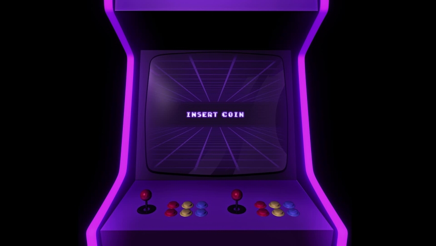 Arcade game machine intro, 3D graphics animation template. Zoom in to the screen of a videogame, with a retro, purple neon aesthetic | Shutterstock HD Video #1093165909