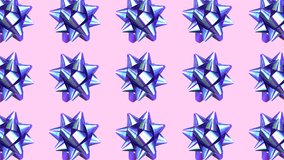 Fluffy purple bows for gift wrapping top view rotate and move in different directions. Looped animation. Vertical video for social media stories