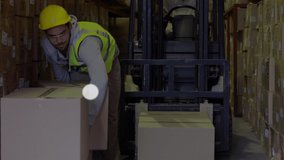 Animation of network of connections with icons over diverse workers in warehouse. Global business and digital interface concept digitally generated video.
