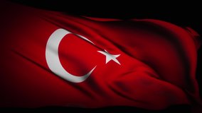 Loop of Turkey flag waving in wind in the dark texture background Turkey flag. Turkey flag video waving in wind
