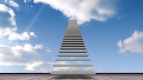 Animation of floating staircase over clouds moving in blue sky. Nature, science, progress and technology, abstract background concept digitally generated video.