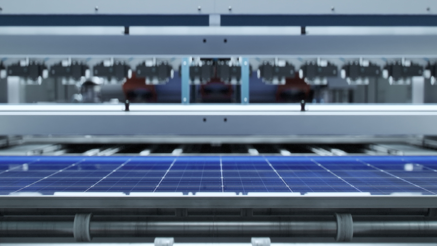 Top View of Solar Panels on Productions Line. Finished Solar Panles on the Last Step of Manufacturing Process at a Bright Modern Factory. Royalty-Free Stock Footage #1093174525