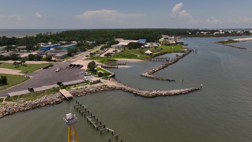 Aerial view of the Ferry Port on Dauphin Island in Alabama along the Mobile bay