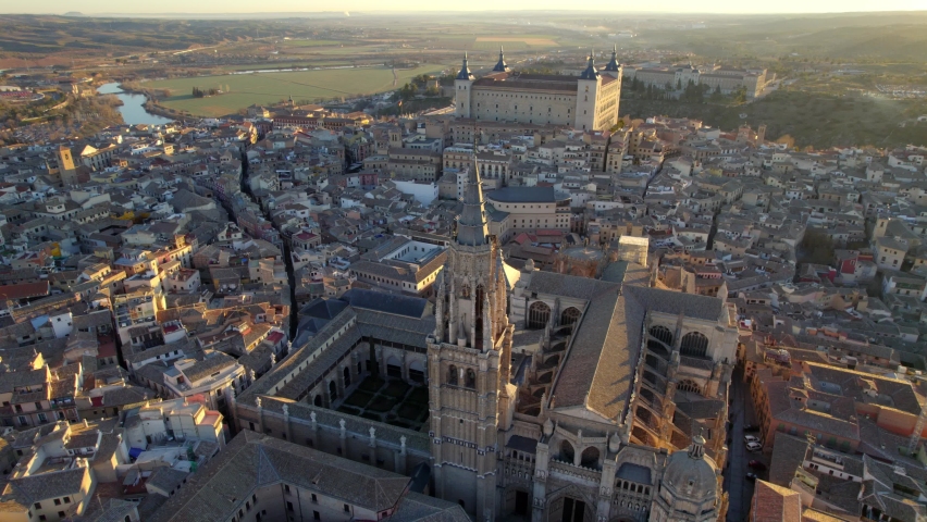 Aerial view of Toledo, Spain, historic center of city, castle Alcazar de Toledo - landscape panorama of Castilla, La Mancha from above, Spain, Europe