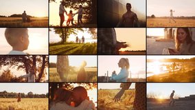 Collage with many different people in a light of sunset. Set collection of many video clips. Sport, relations, family and love concept.