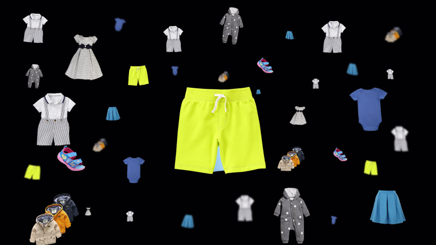 Moving animation of kids clothes. Transparent background and loop video. Use for e-commerce, shopping and digital ads campaings. Children's clothing, skirt, t-shirt, overalls, shoes, slippers, dress