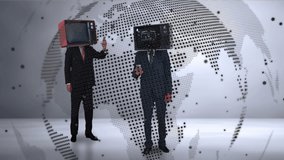 Animation of caucasian men with tv instead of heads over globe and data. Media, television, communication and information concept digitally generated video.