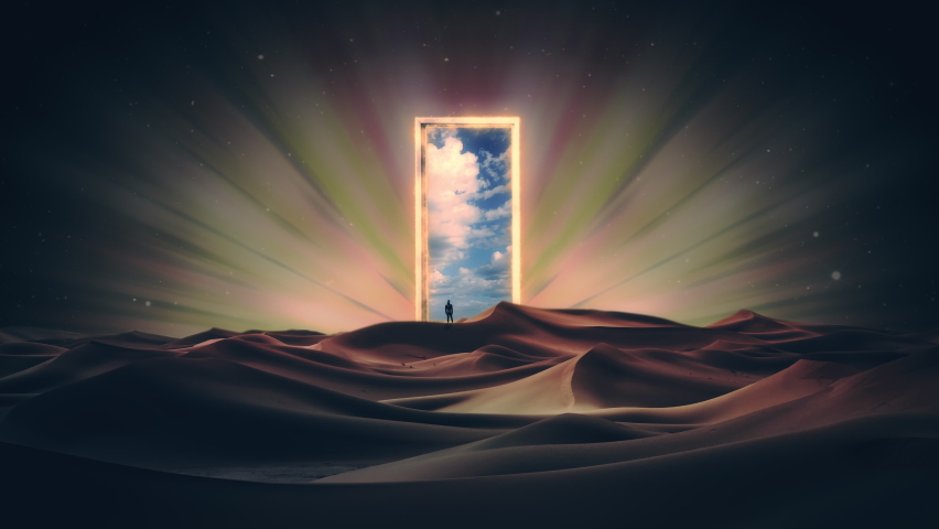 Sky Portal Girl Dunes Surreal Scene at Night. Girl on top of desert dunes looking a portal with cloudy sky inside. Surreal night scene Royalty-Free Stock Footage #1093189371