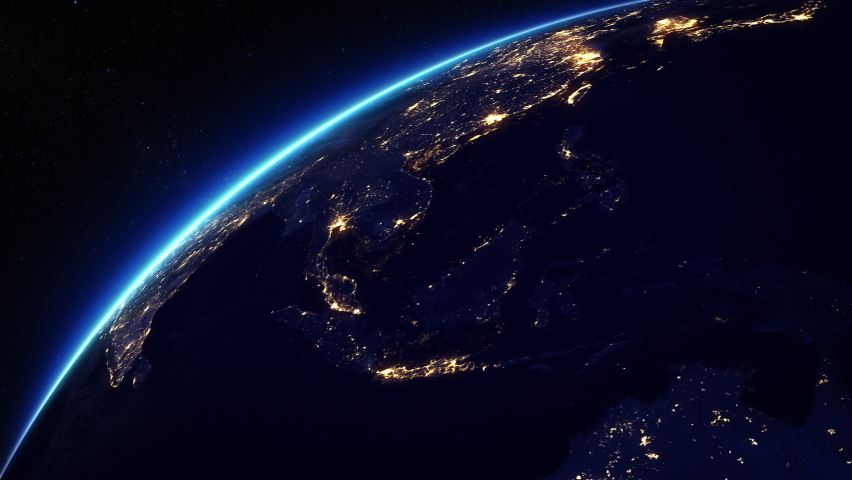 Animation of Spinning Earth Seen From Space, From Asia to Europe. Cities with Lights. 3d Animation. Royalty-Free Stock Footage #1093191423