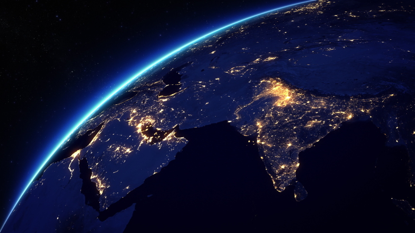 Animation of Spinning Earth Seen From Space, From Asia to Europe. Cities with Lights. 3d Animation. | Shutterstock HD Video #1093191423