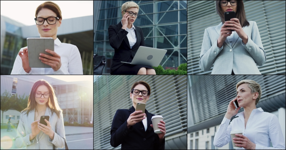 Multi screen. Collage of young Caucasian successful women talking on cellphones outdoors. Businesswoman calling on smartphone. Beautiful female worker texting on mobile phone on street. Business style | Shutterstock HD Video #1093191889