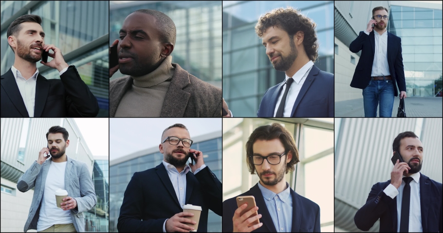 Split screen. Collage of young multi-ethnic men talking on cellphones outdoors. Businessmen calling on smartphone. Handsome male professional worker texting on mobile phone on street. Urban business | Shutterstock HD Video #1093191893