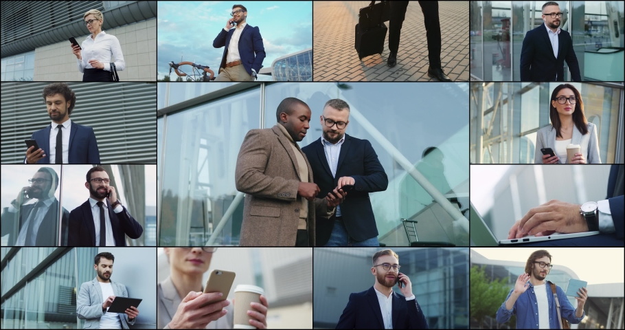 Split screen. Collage of diverse business people with gadgets. Businessman talking on smartphone outdoors. Businesswoman texting on mobile phone. Workers in suits using device. Work concept | Shutterstock HD Video #1093191897