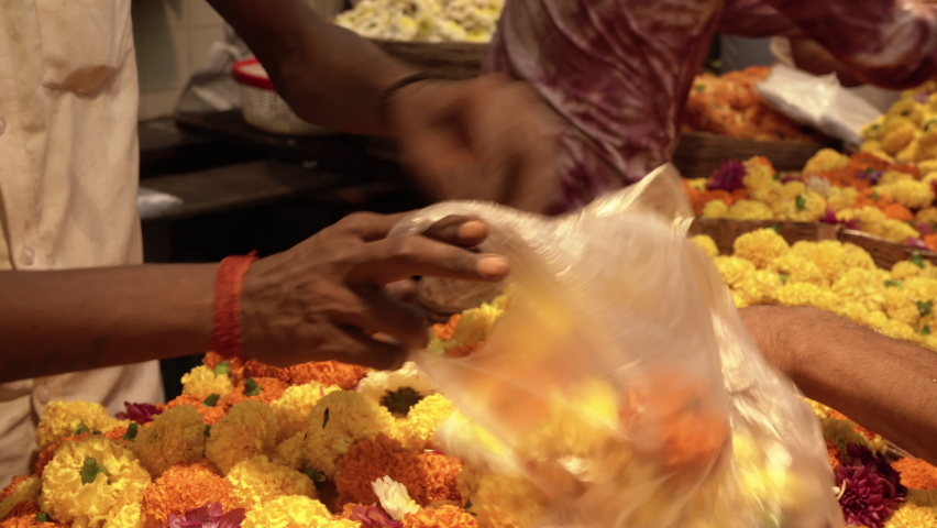 Filling fresh flower in carry bag at Mumbai marketplace, Mumbai, India Royalty-Free Stock Footage #1093192703
