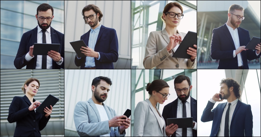 Business people. Male and female corporate workers typing and browsing on tablet devices outdoors and looking at camera. Businesswoman on street works on gadget. Man calling on smartphone. Collage | Shutterstock HD Video #1093193487