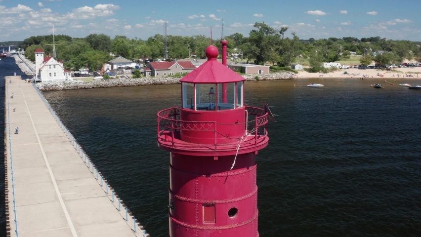 Muskegon, Michigan lighthouse with drone video circling.