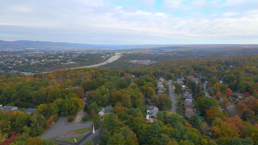 A drone shot of Wilkes Barre in the fall time