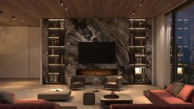 4K 3d rendering illustration video. Modern luxury interior design living room with fireplace, night lighting and wooden ceiling. 3D Illustration
