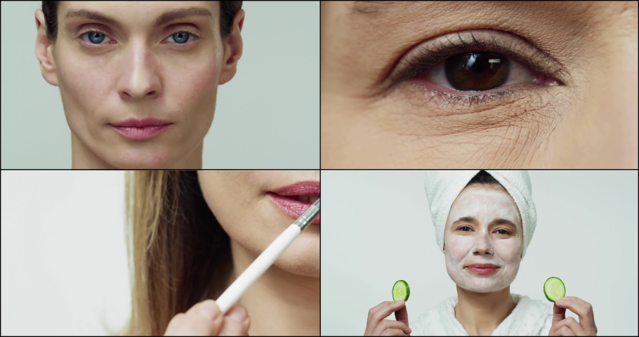 Collage of woman doing cosmetology procedure on white background putting cucumber on eyes. Female putting gloss on lips. Close up on woman removing makeup cleaning her face. Cosmetology concept | Shutterstock HD Video #1093202711