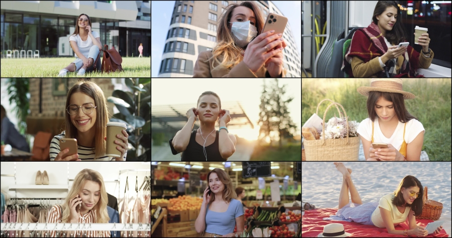 Close up portraits of many women in different places with gadgets. Woman texting on smartphone and drinking coffee. Female resting on the beach with tablet. Lady speaking on mobile in grocery, collage | Shutterstock HD Video #1093202721