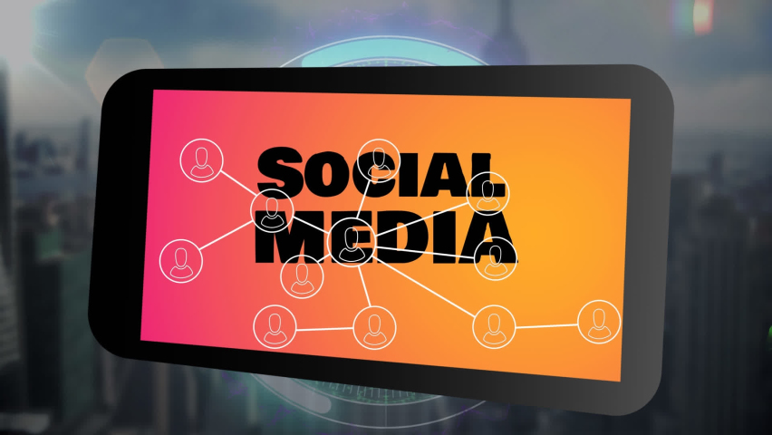 Animation of digital icons over social media text over digital tablet icon against cityscape. Social media networking and business technology concept - Powered by Shutterstock - Get 15% off with code: PIKWIZARD15