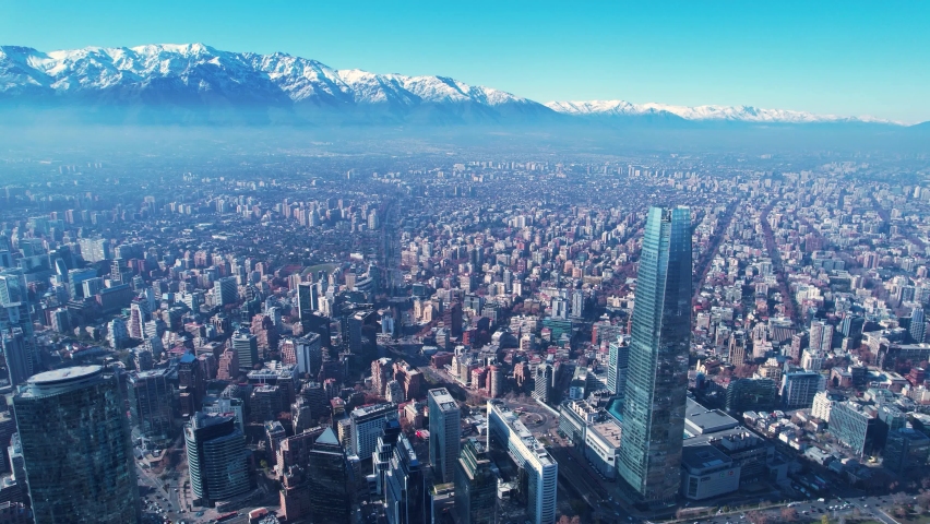 Costenera building at Santiago Chile. Cityscape of Santiago, Chile, South America. Stunning landscape of town of Santiago at sunny day. Downtown landmark. Travel destination. Tourism travel. 