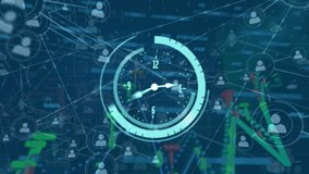 Animation of neon ticking clock and network of profile icons and financial data processing. Global networking and business technology concept - Powered by Shutterstock - Get 15% off with code: PIKWIZARD15