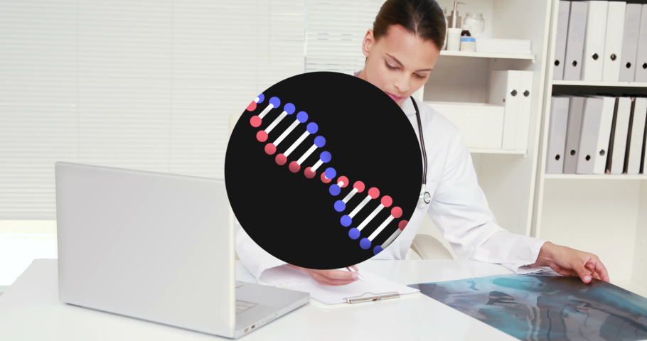 Animation of dna structure against caucasian female doctor examining x-ray report at hospital. Medical healthcare and technology concept | Shutterstock HD Video #1093211371