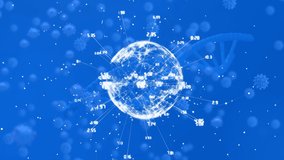 Animation of dna strand, covid 19 cells over globe on blue background. Global covid 19 pandemic, health and data processing concept digitally generated video. - Powered by Shutterstock - Get 15% off with code: PIKWIZARD15