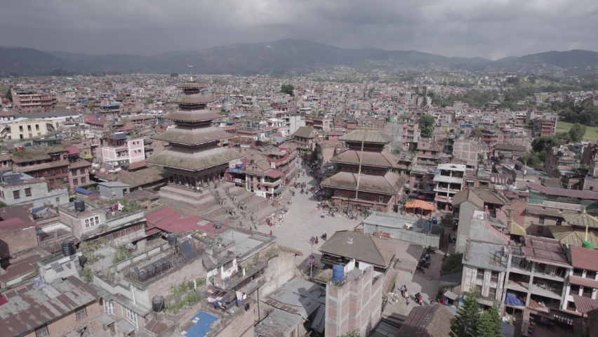 Nepal Bhaktapur Nyatapola Temple Aerial Shot Turn L Fly By in Kathmandu Log - World Heritage Site