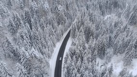 Aerial view of a car driving along the mountain road in winter. Beautiful snowy white winter and snow capped fir-tree forest. Road through frozen forest. Winding mountain road - Powered by Shutterstock - Get 15% off with code: PIKWIZARD15