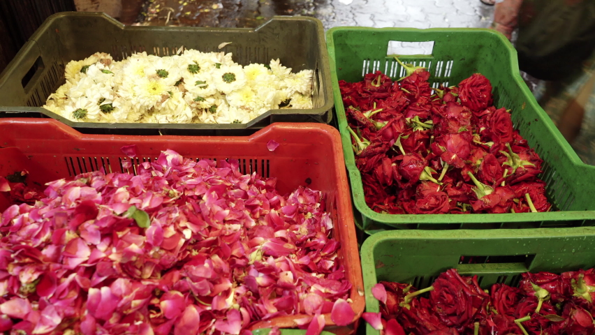 Flower petals in crate box at Mumbai bazar, India Royalty-Free Stock Footage #1093215973