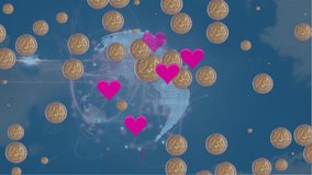 Animation of pink heart icons and gold coin icons over spinning globe against clouds in the sky. Global finance and business technology concept - Powered by Shutterstock - Get 15% off with code: PIKWIZARD15
