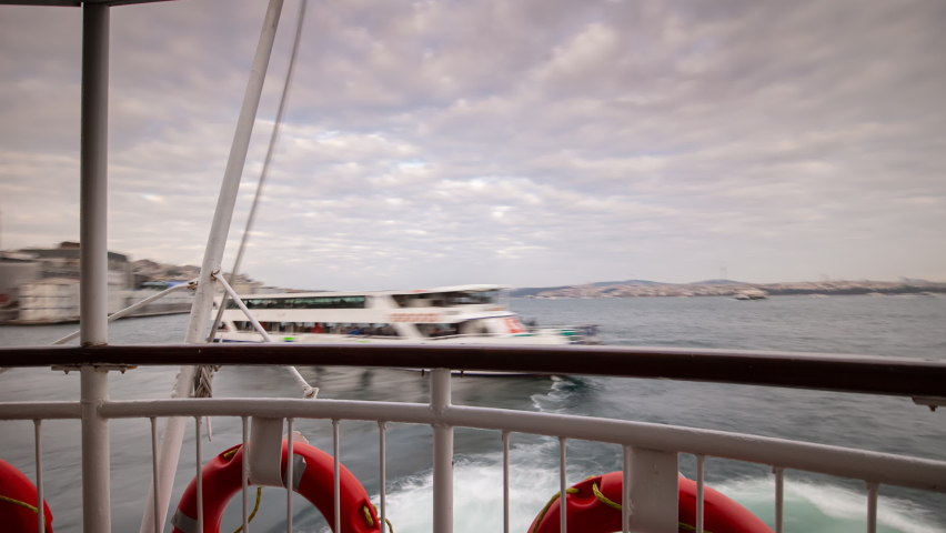 day time istanbul city famous golden horn ferry traffic front passenger pov panorama 4k timelapse turkey