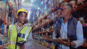 Animation of data processing over female worker and male supervisor checking stock at warehouse. Logistics business and technology concept - Powered by Shutterstock - Get 15% off with code: PIKWIZARD15