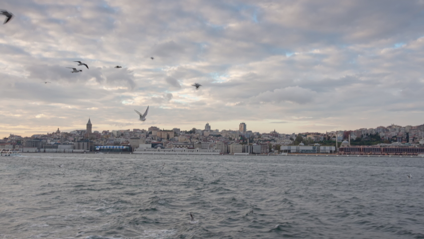 day time istanbul city famous golden horn ferry traffic passenger pov side panorama 4k timelapse turkey