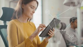 Virtual Connection Visualization Concept: Happy Young Woman Uses Digital Tablet Computer in the Office. Infographics Illustrate Cloud Computing, Artificial Intelligence, e-Commerce, Communication - Powered by Shutterstock - Get 15% off with code: PIKWIZARD15