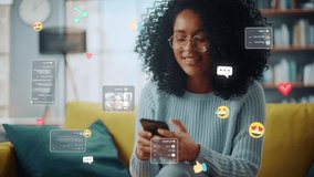 Social Media Visualization Concept: Happy Black Woman Uses Smartphone at Home. 3D Representation of Social Media Posts, Smiley Faces, e-Commerce Online Shopping Digital Icons Flying Around the Device - Powered by Shutterstock - Get 15% off with code: PIKWIZARD15